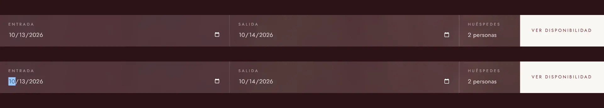 Barra de disponibilidad con entrada, salida y huéspedes, en reposo y con el foco en la fecha de entrada.