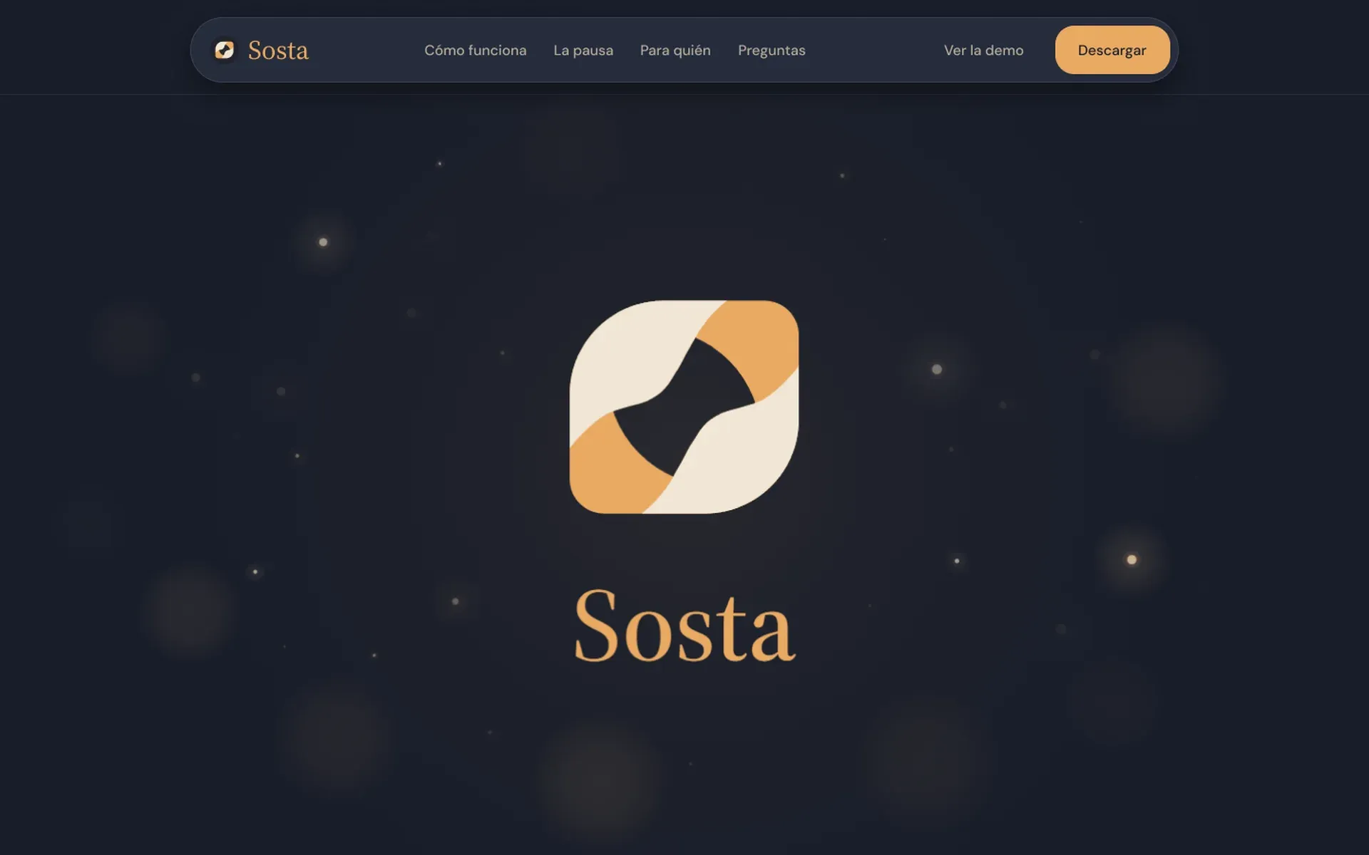 Portada de la landing de escritorio de Sosta, con el logotipo sobre fondo de noche.