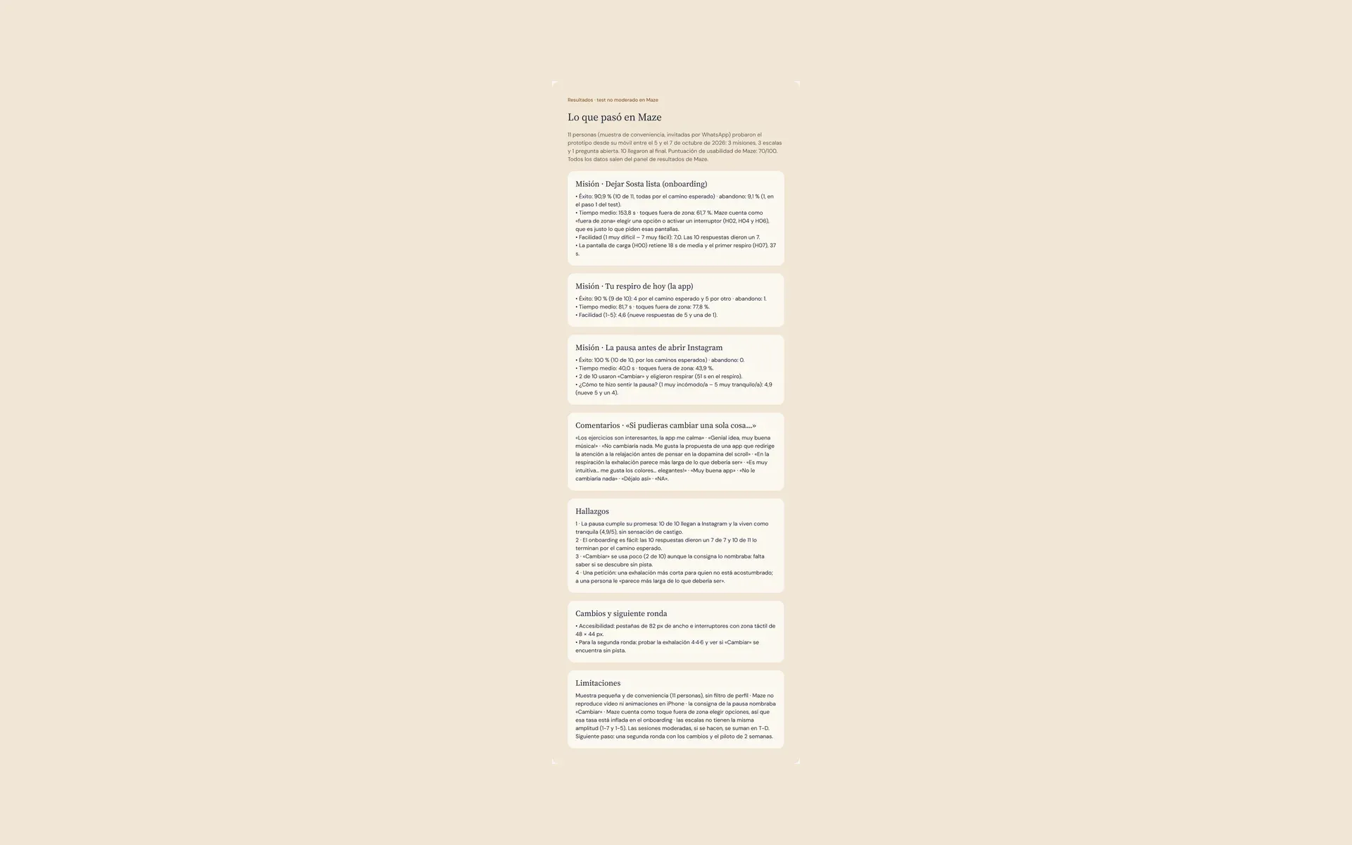 Resumen de los resultados de Maze por flujo: éxito, tiempo y toques fuera de zona.