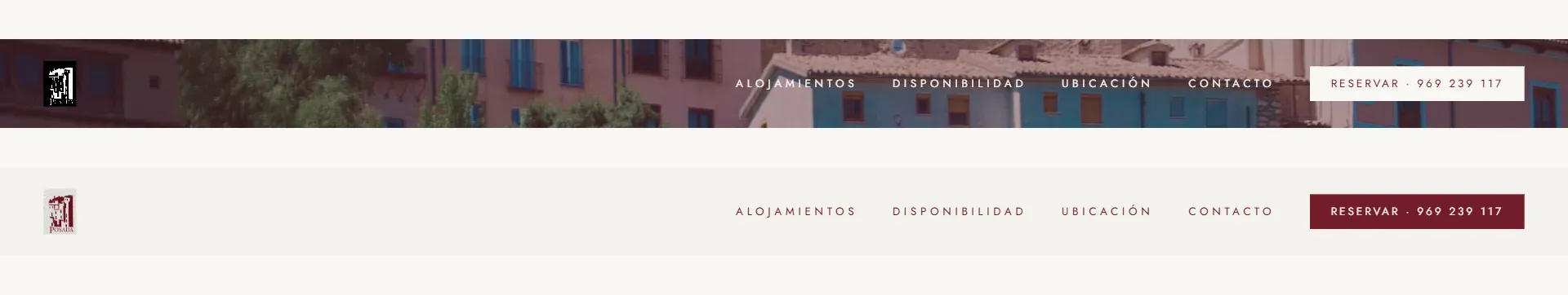 Dos estados de la navegación: arriba, translúcida sobre la foto; debajo, opaca al hacer scroll.