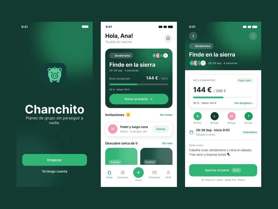 Tres pantallas de Chanchito sobre fondo verde oscuro: bienvenida con la mascota, inicio con un plan activo y detalle del bote.